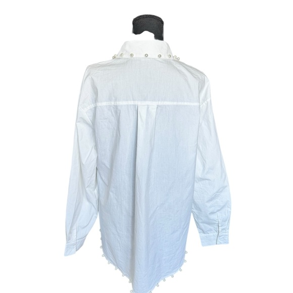 BiBi Pearl Embellished Button Down Blouse White Oversized Tunic Small Q48 - Picture 3 of 9